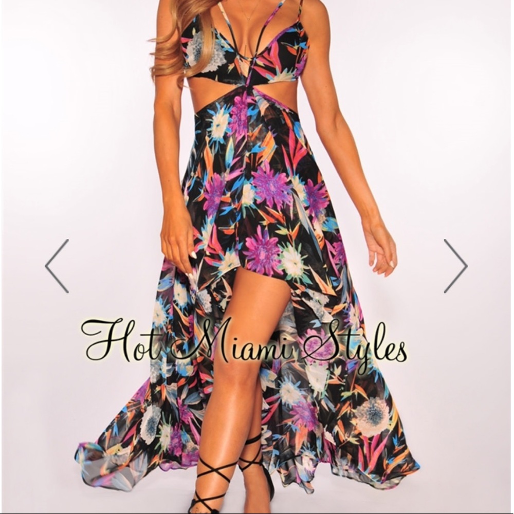 Black High Low Tropical Print Maxi Dress